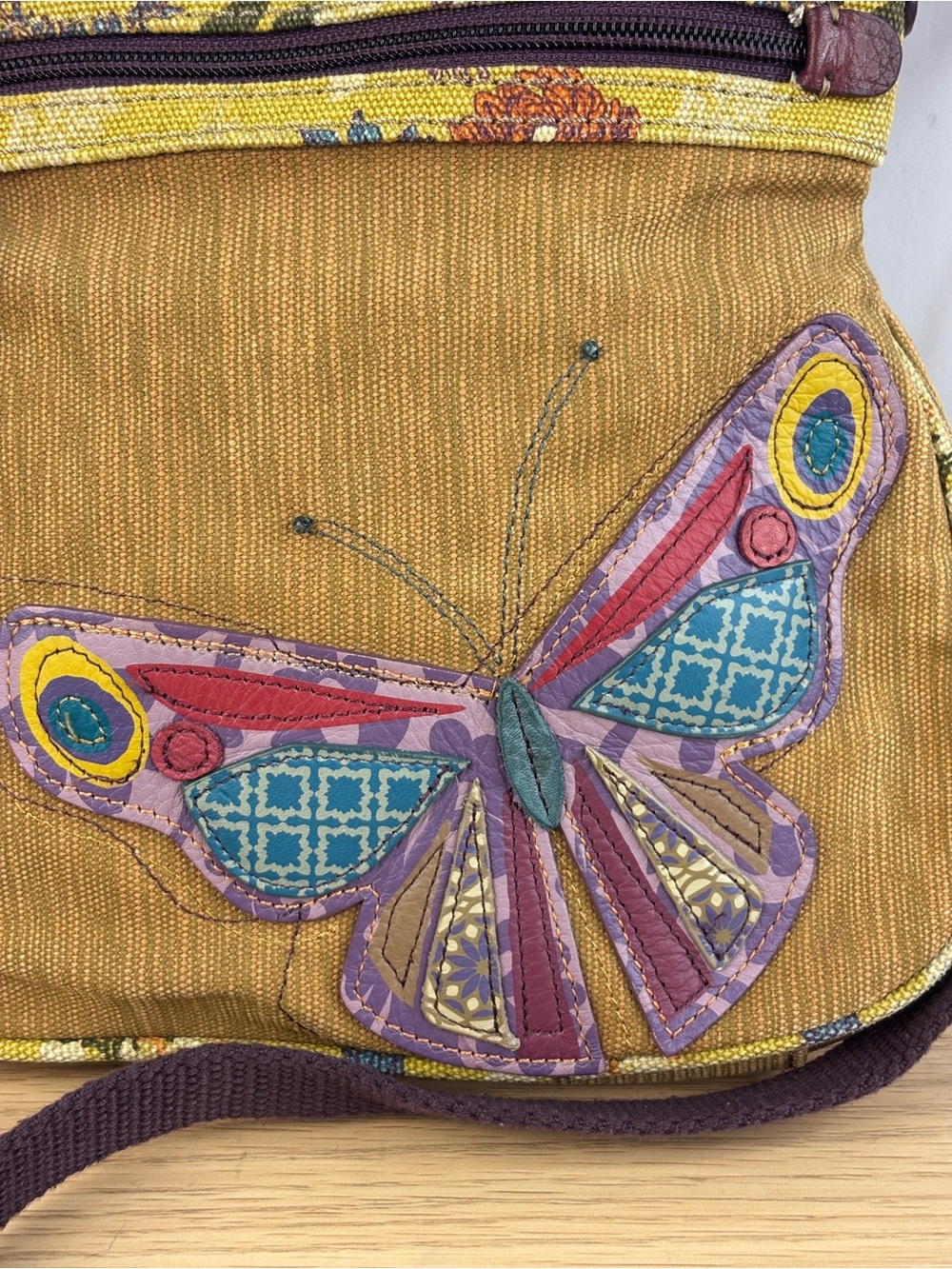 Y2K Fossil Mustard Canvas Purple Leather Patchwork Butterfly Accents Crossbody - Picture 2 of 10